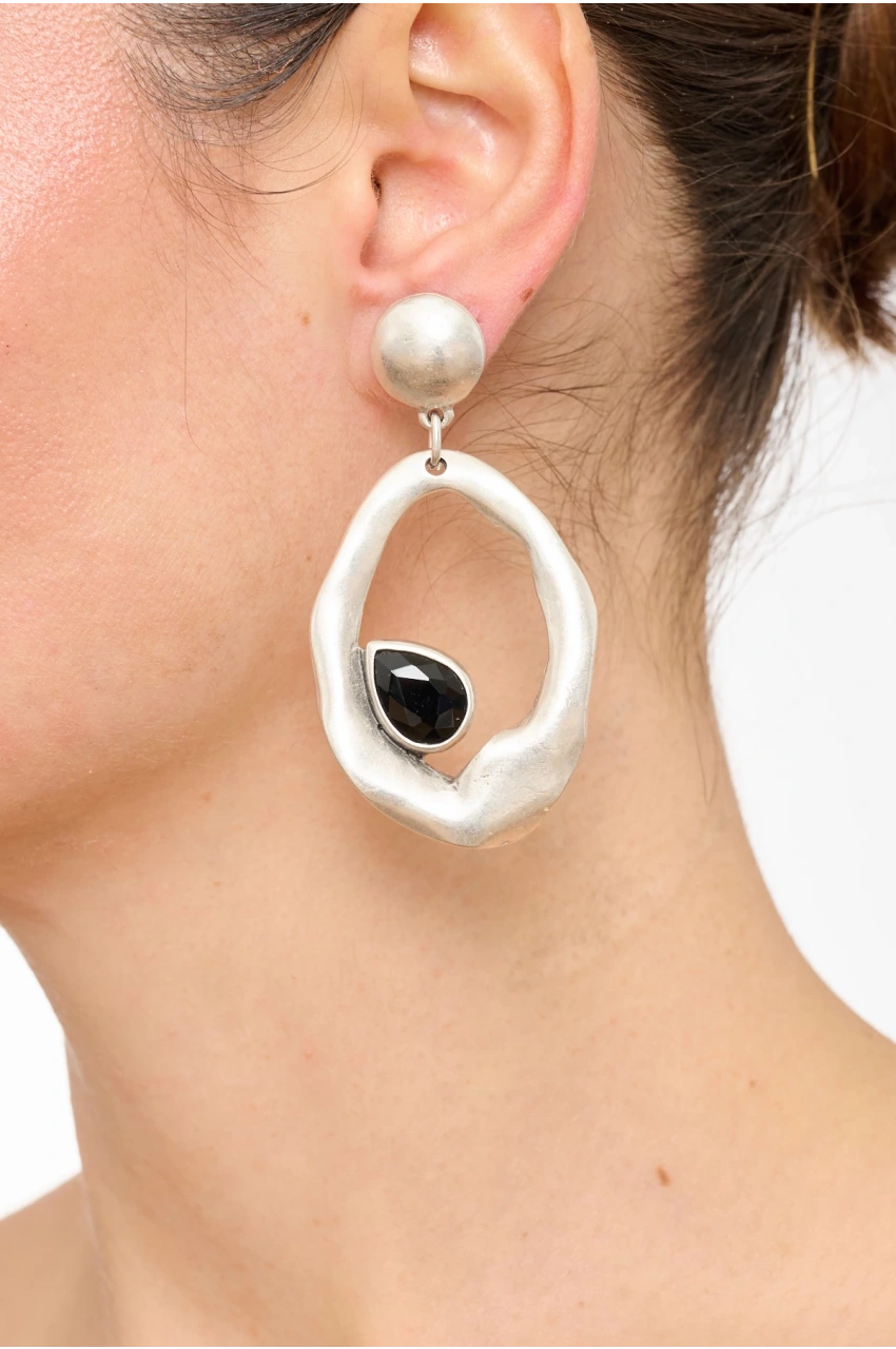 Kiraz Black Crystal Stoned Silver Plated Earring