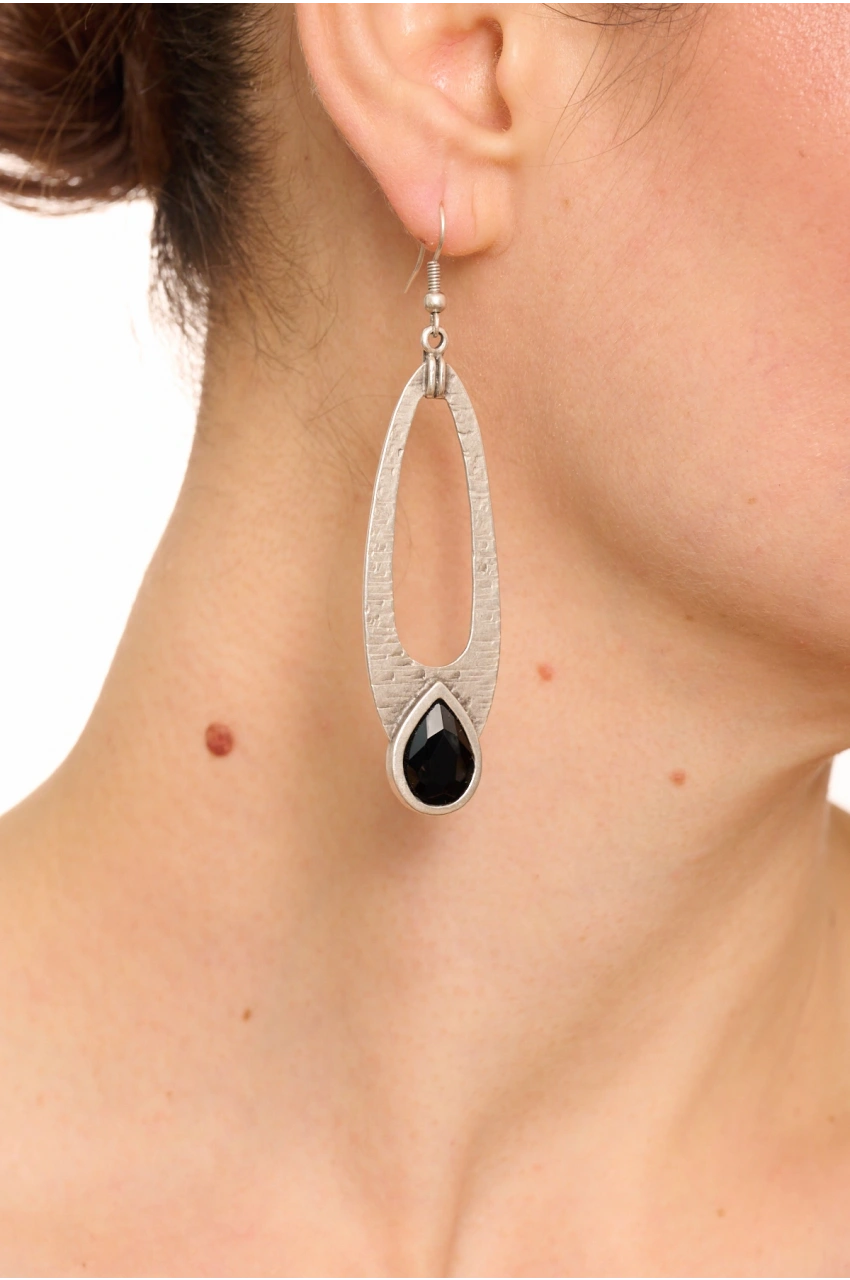 Kiraz Black Crystal Stoned Silver Plated Earring