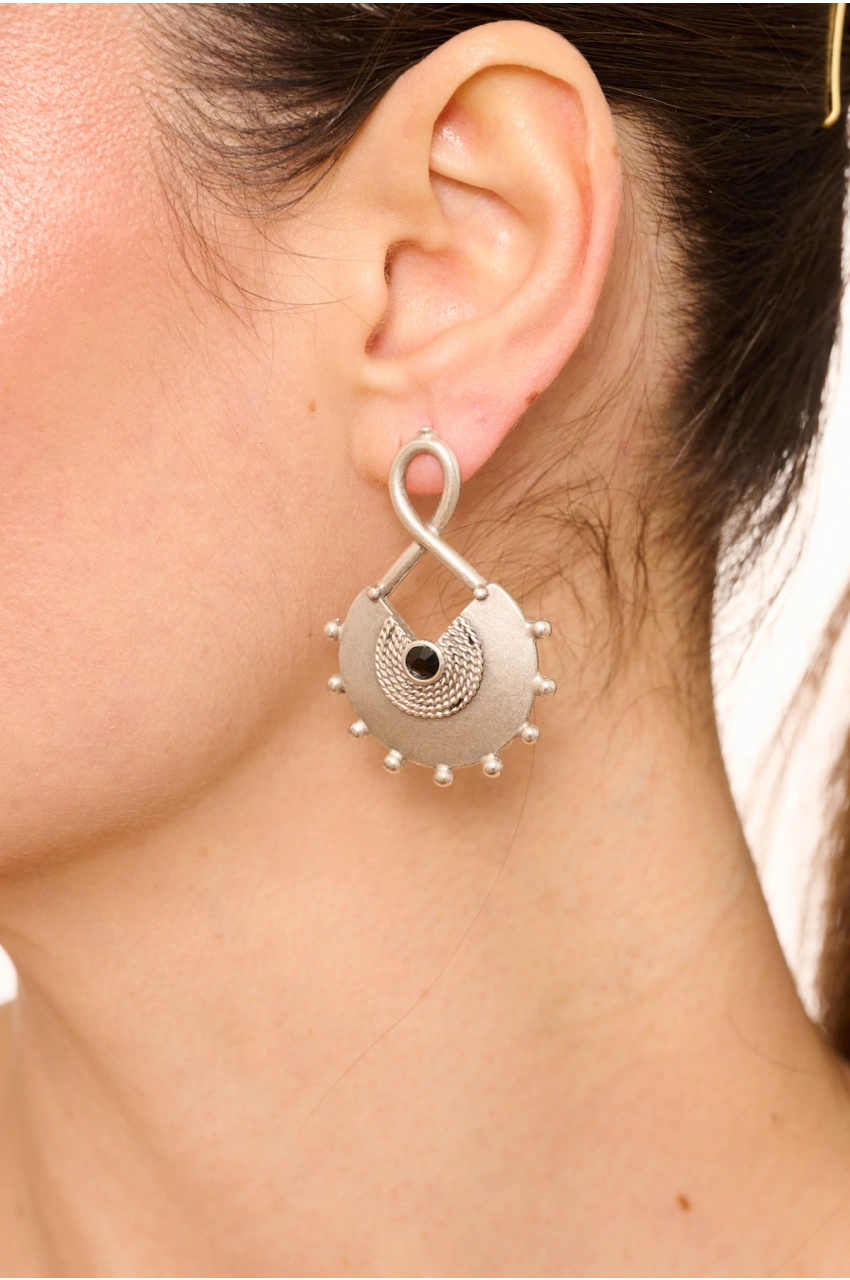 Kiraz Black Crystal Stoned Silver Plated Earring