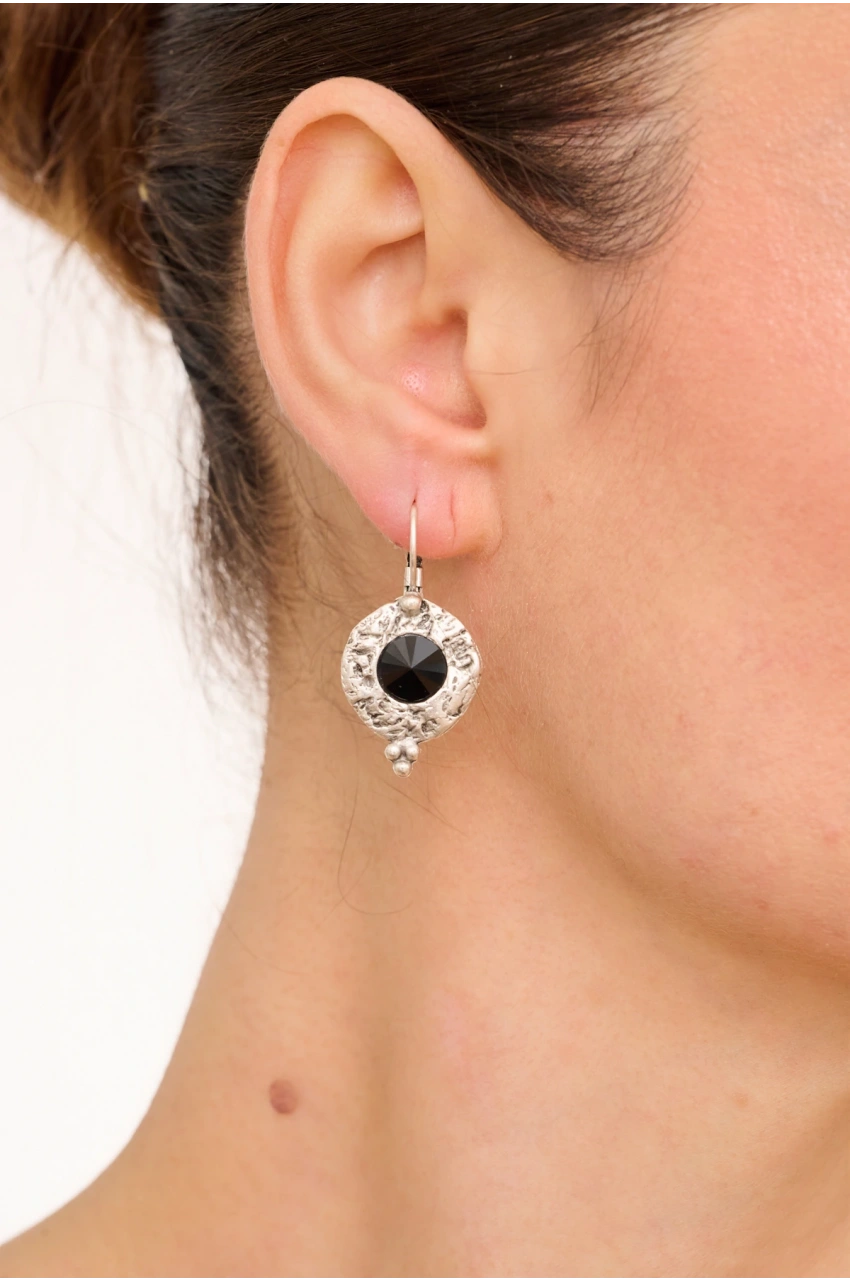 Kiraz Black Crystal Stoned Silver Plated Earring