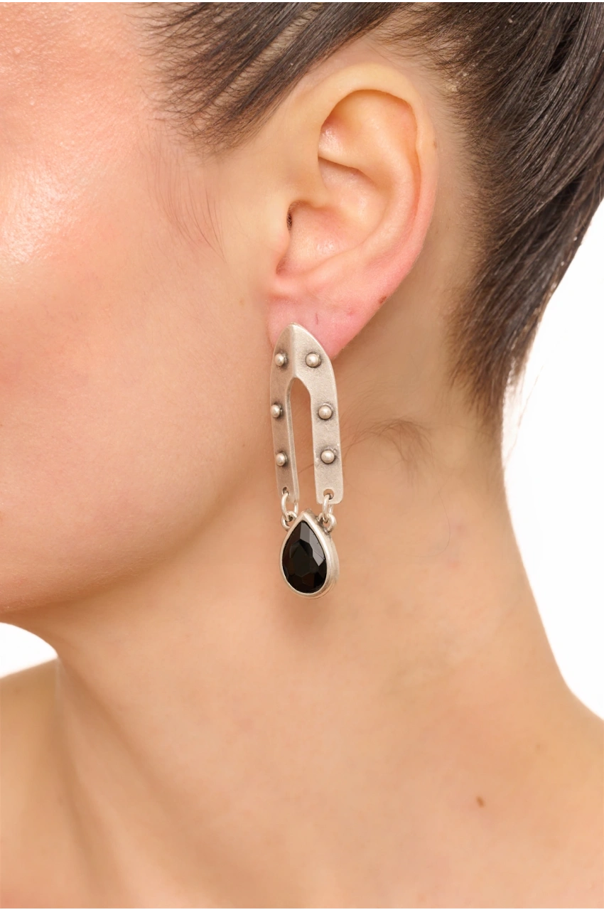 Kiraz Black Crystal Stoned Silver Plated Earring