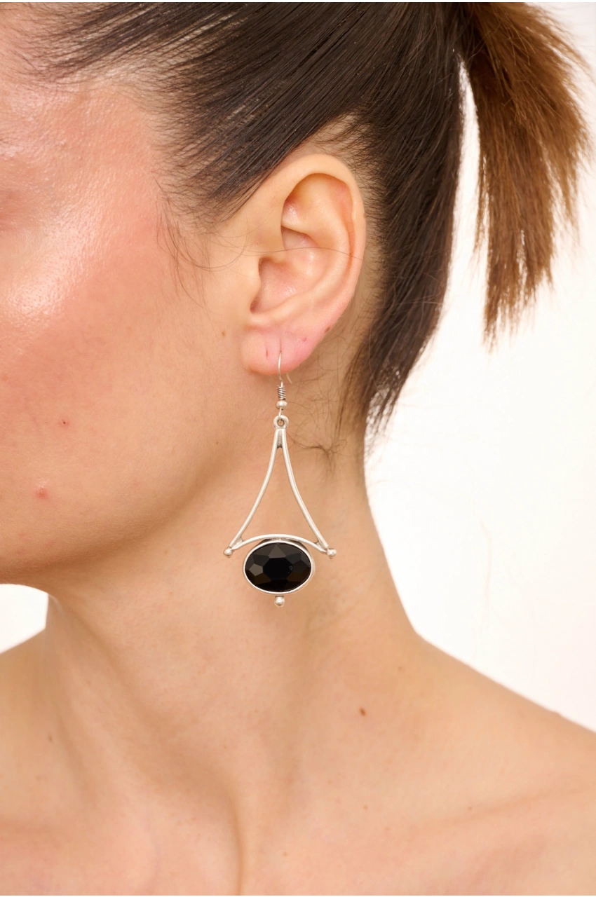 Kiraz Black Crystal Stoned Silver Plated Earring