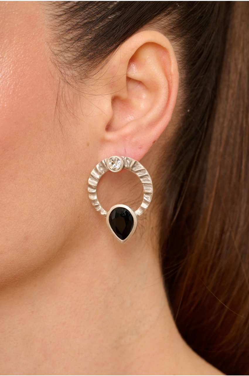 Kiraz Black Crystal Stoned Silver Plated Earring