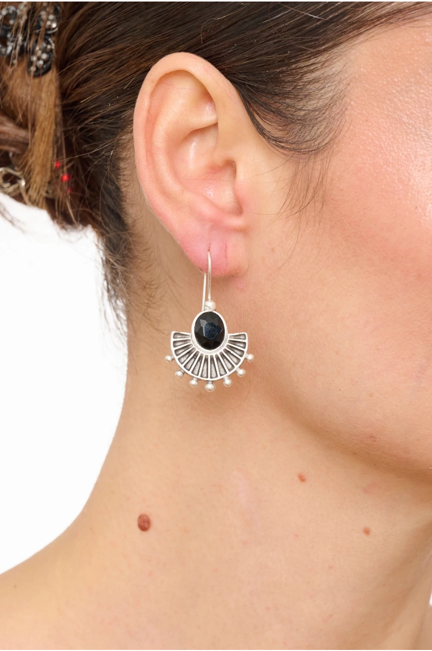 Kiraz Black Crystal Stoned Silver Plated Earring