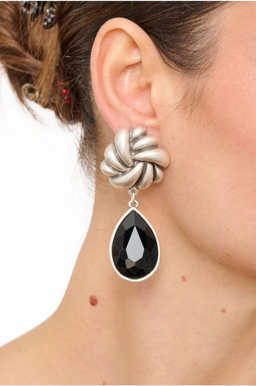 Kiraz Black Crystal Stoned Silver Plated Earring