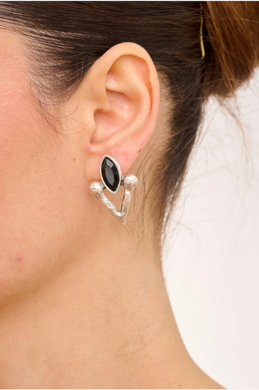 Kiraz Black Crystal Stoned Silver Plated Earring