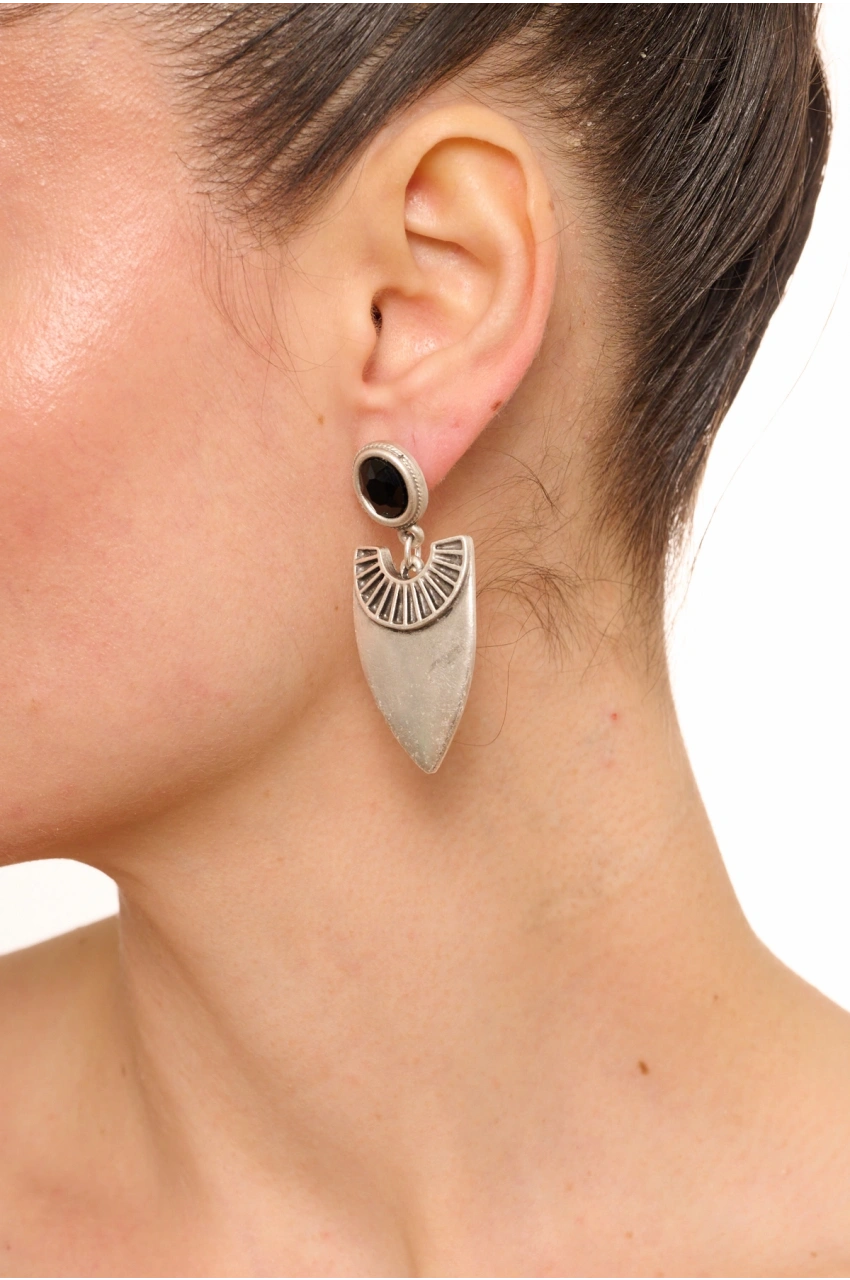 Kiraz Black Crystal Stoned Silver Plated Earring