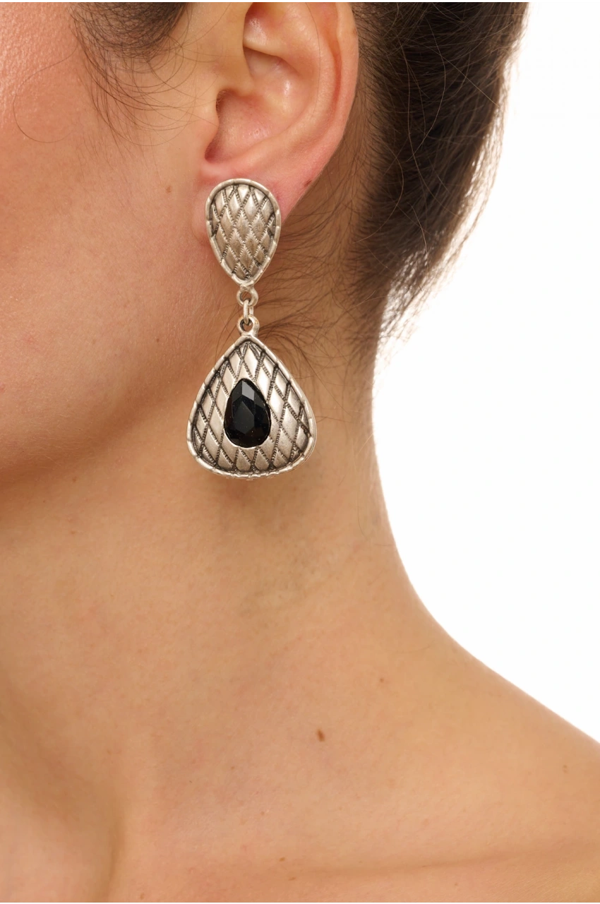 Kiraz Black Crystal Stoned Silver Plated Earring