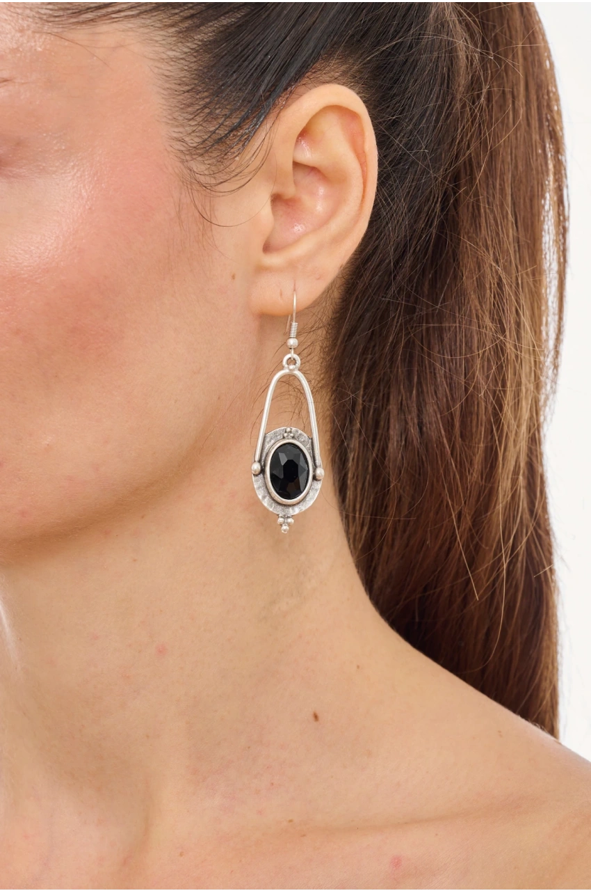 Kiraz Black Crystal Stoned Silver Plated Earring