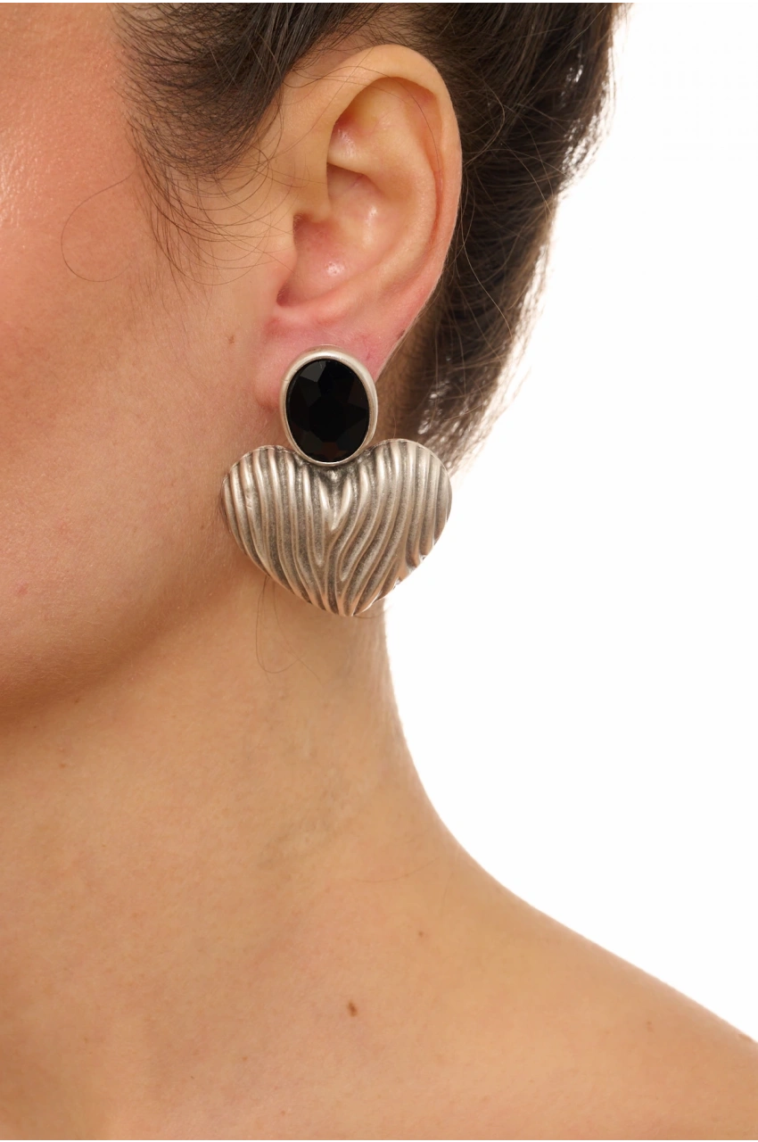 Kiraz Black Crystal Stoned Silver Plated Heart Earring
