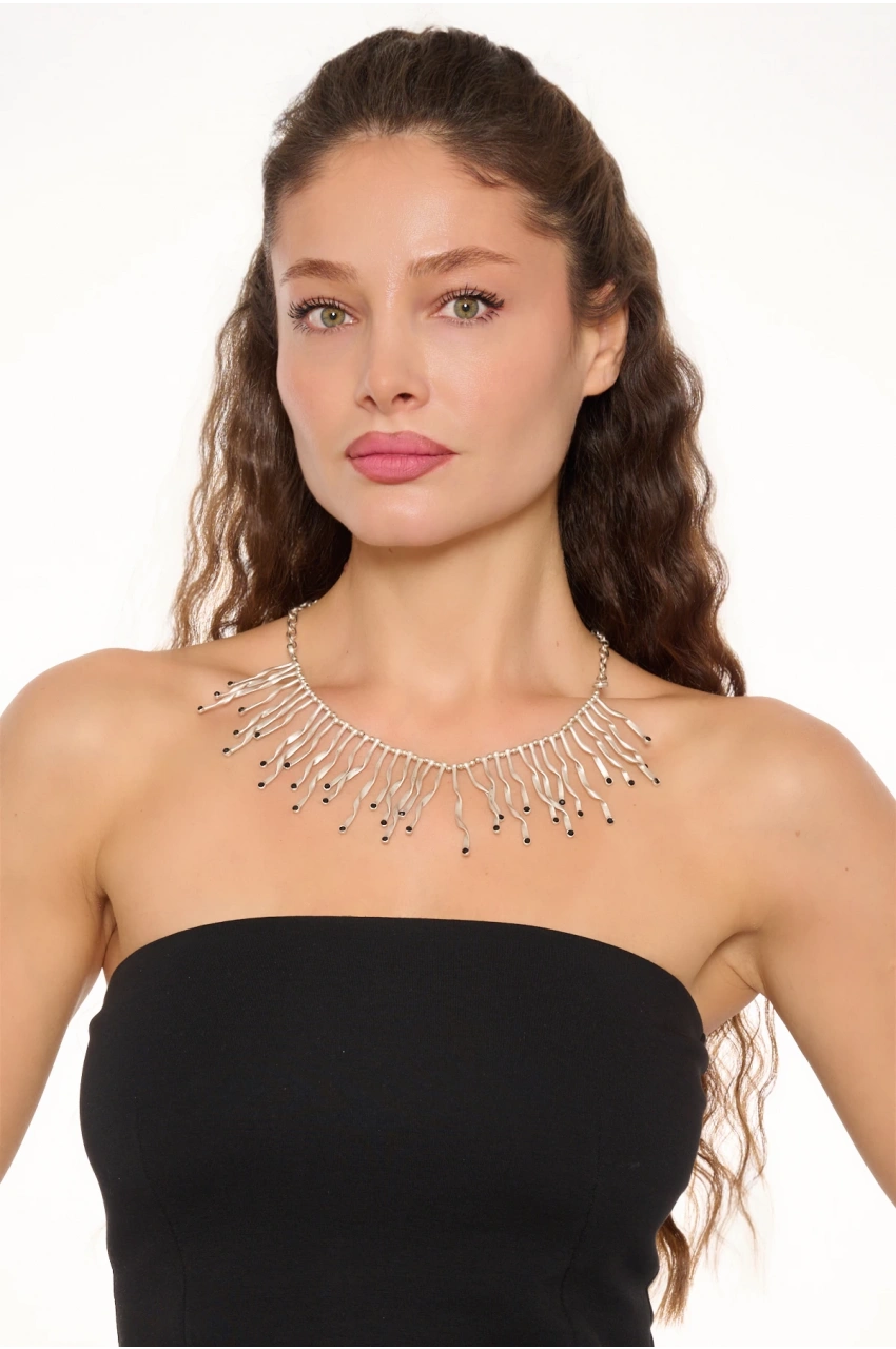 Kiraz Black Crystal Stoned Silver Plated Lightning Necklace