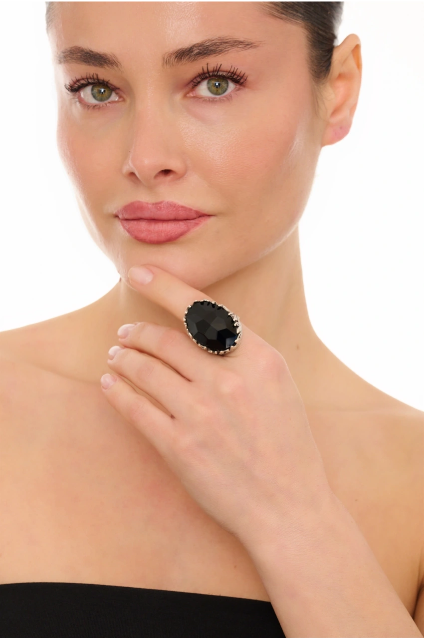 Kiraz Black Crystal Stoned Silver Plated Ring