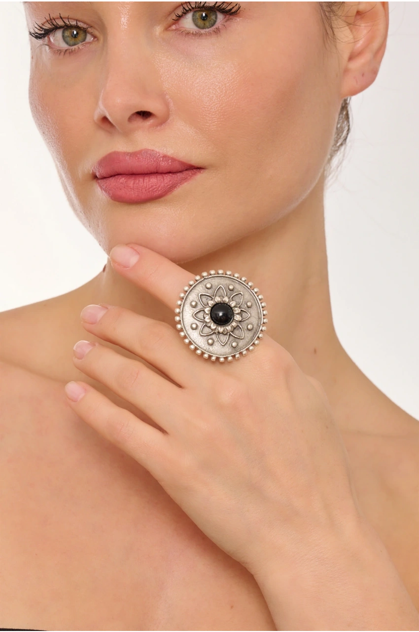 Kiraz Black Crystal Stoned Silver Plated Ring