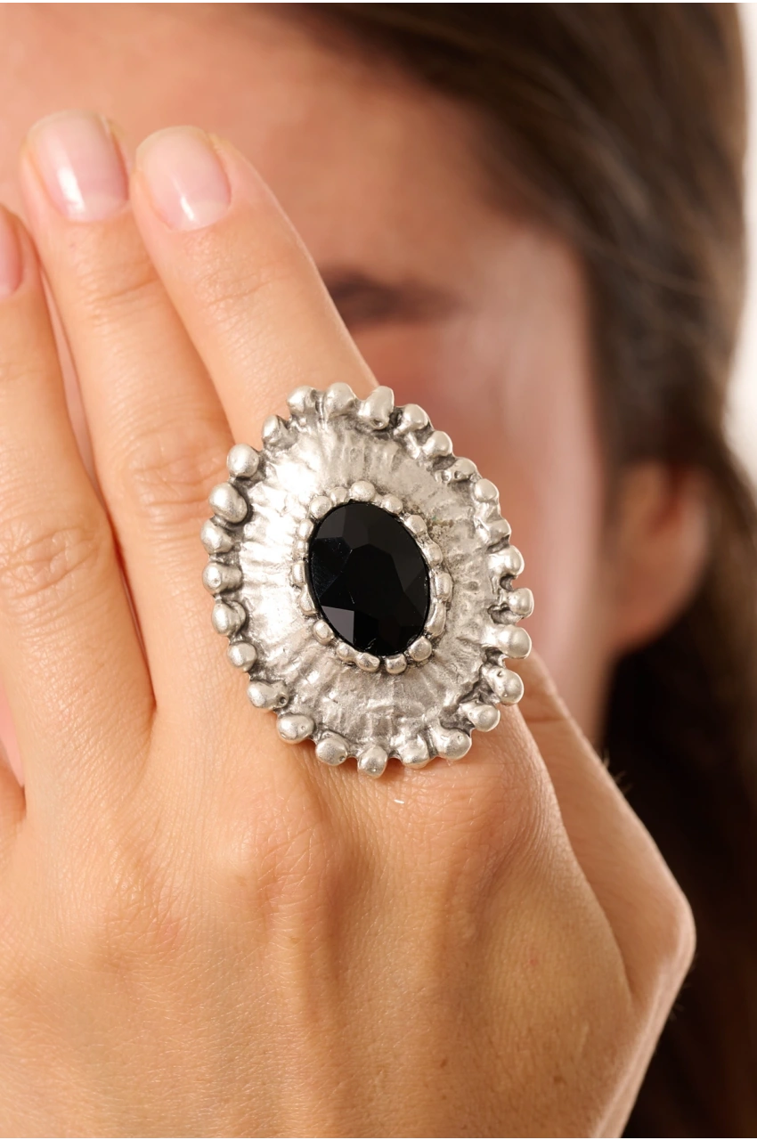 Kiraz Black Crystal Stoned Silver Plated Ring