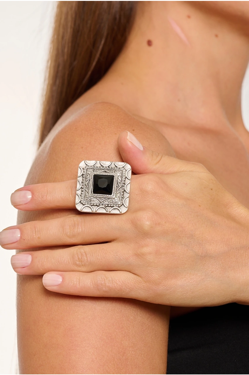 Kiraz Black Crystal Stoned Silver Plated Ring