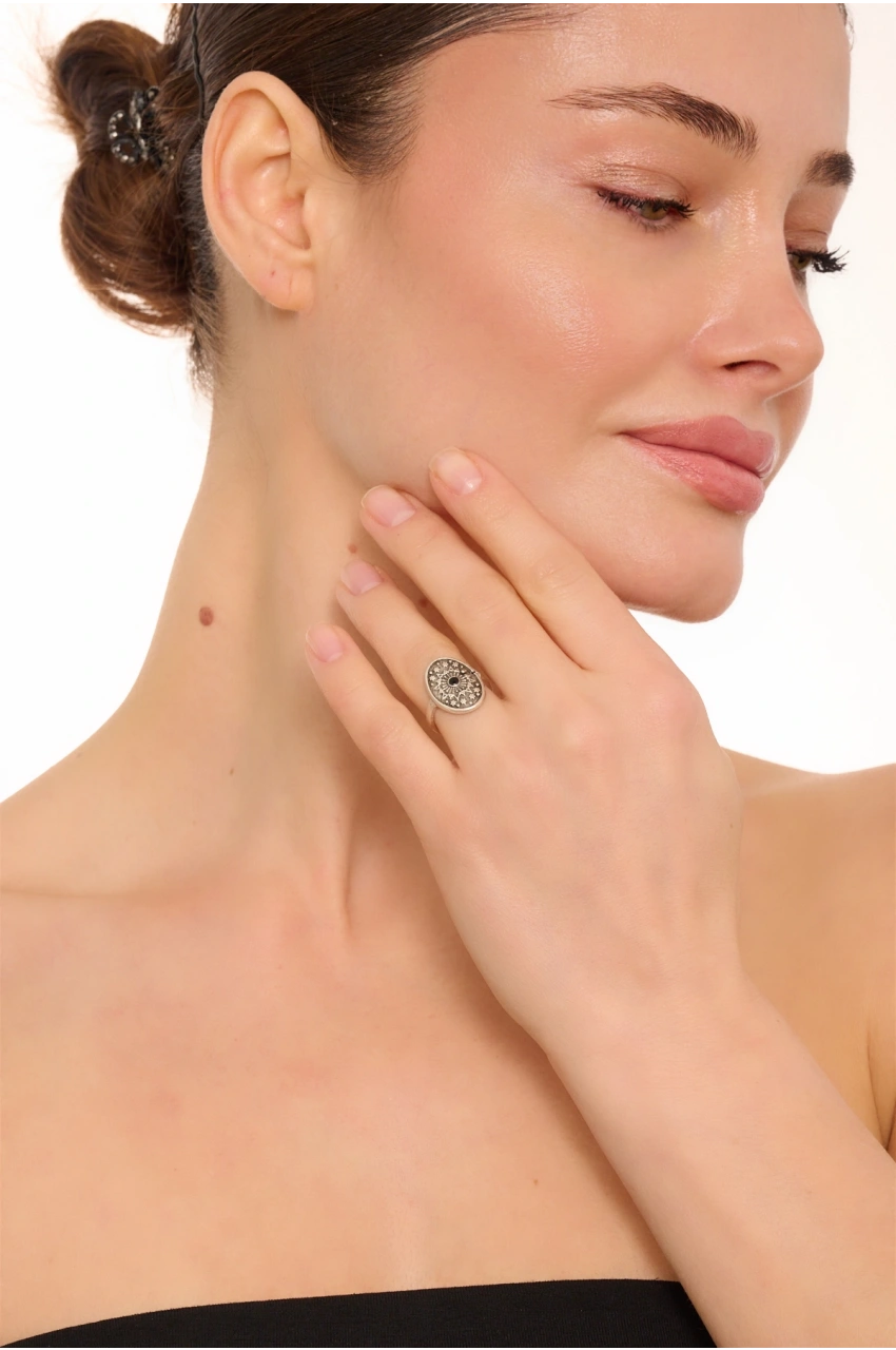 Kiraz Black Crystal Stoned Silver Plated Ring