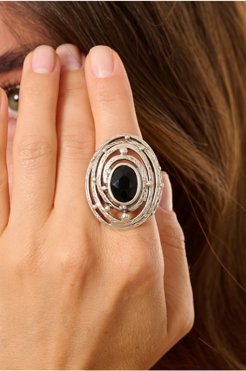 Kiraz Black Crystal Stoned Silver Plated Ring