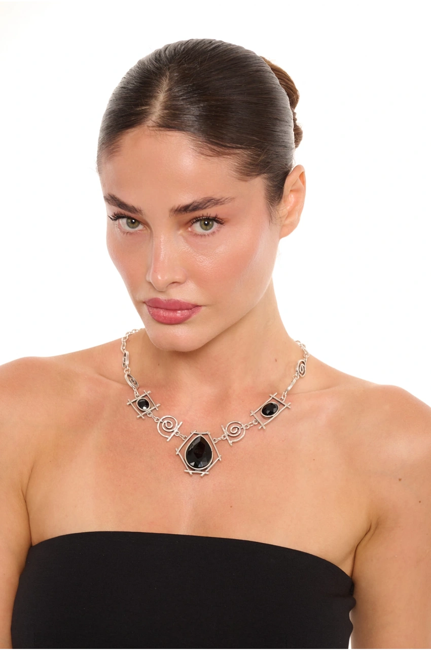 Kiraz Black Crystal Stoned Silver Plated Necklace