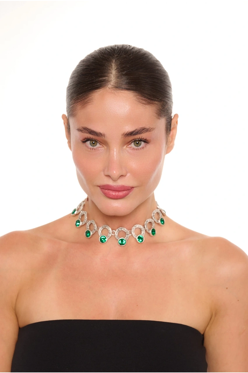 Kiraz Emerald Crystal Stoned Silver Plated Necklace
