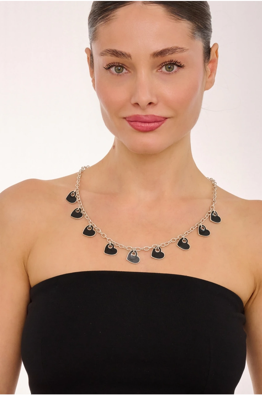 Kiraz Black Enemaled Silver Plated Heart Necklace