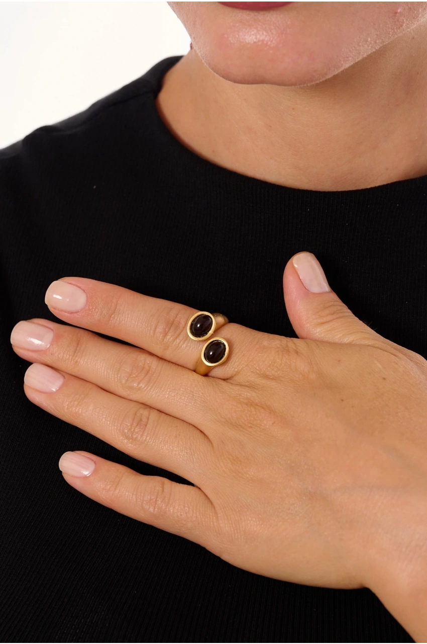 Kiraz Black Stoned Gold Plated Ring