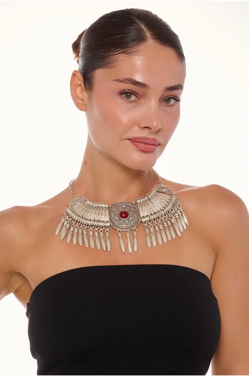 Kiraz Burgundy Stoned Cleopatra Silver Plated Necklace
