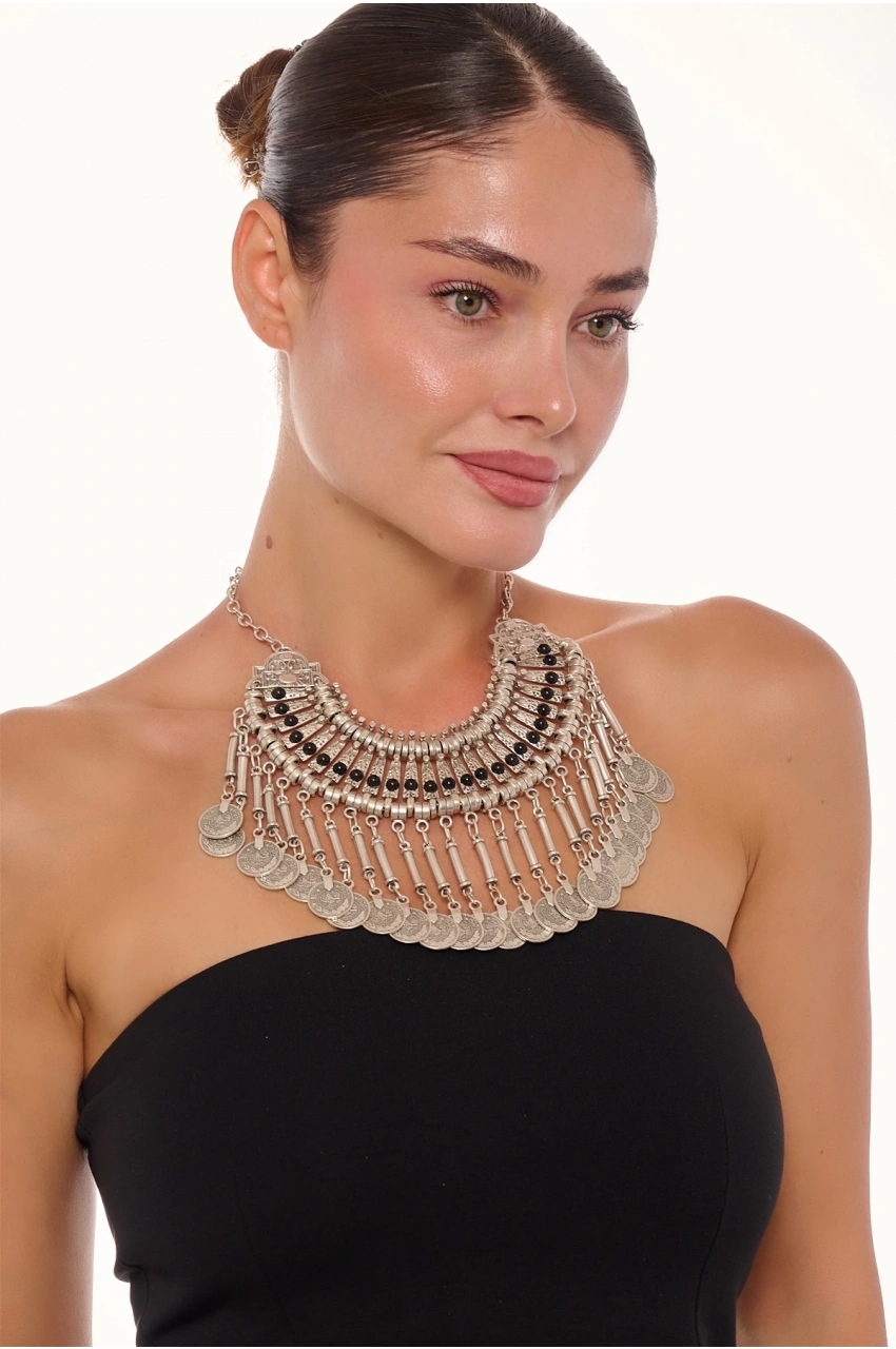 Kiraz Black Stoned  Cleopatra Silver Plated Necklace