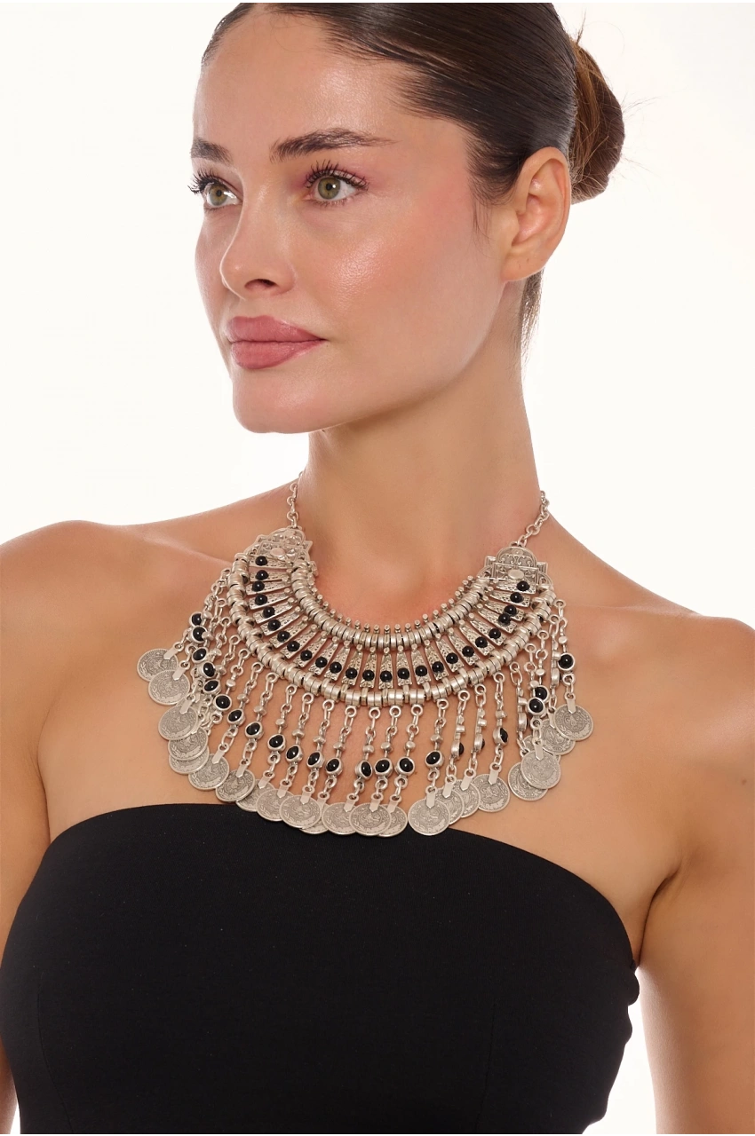 Kiraz Black Stoned Cleopatra Silver Plated Necklace