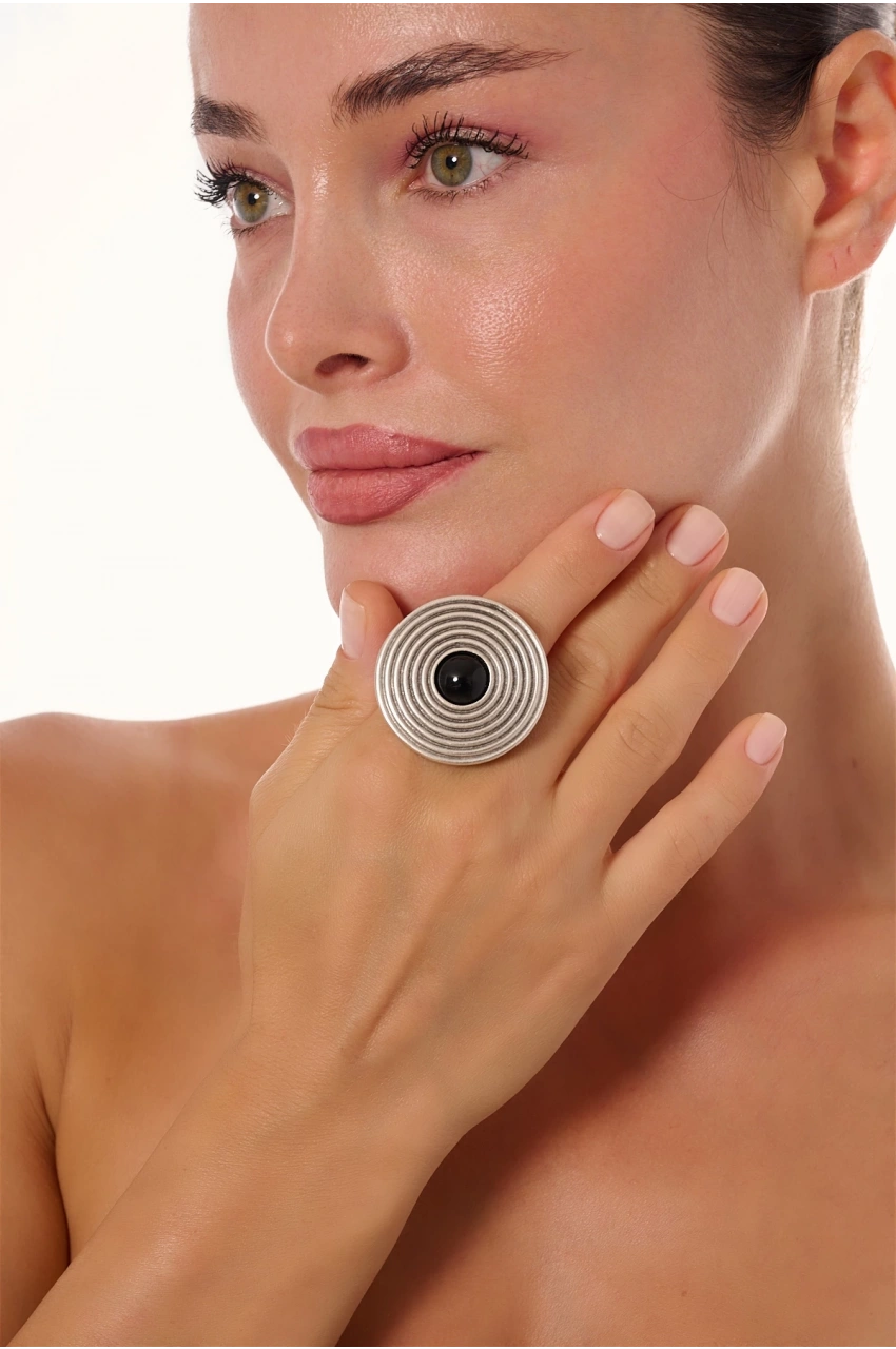 Kiraz Black Stoned Silver Plated Ring