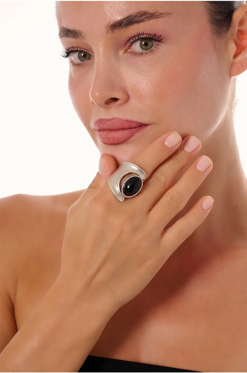 Kiraz Black Stoned Silver Plated Ring