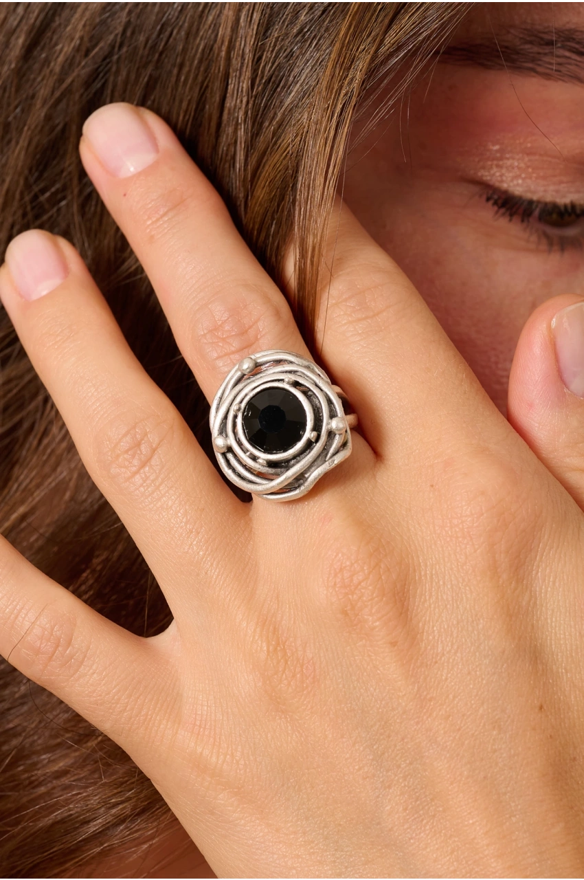 Kiraz Black Crystal Stoned Silver Plated Ring