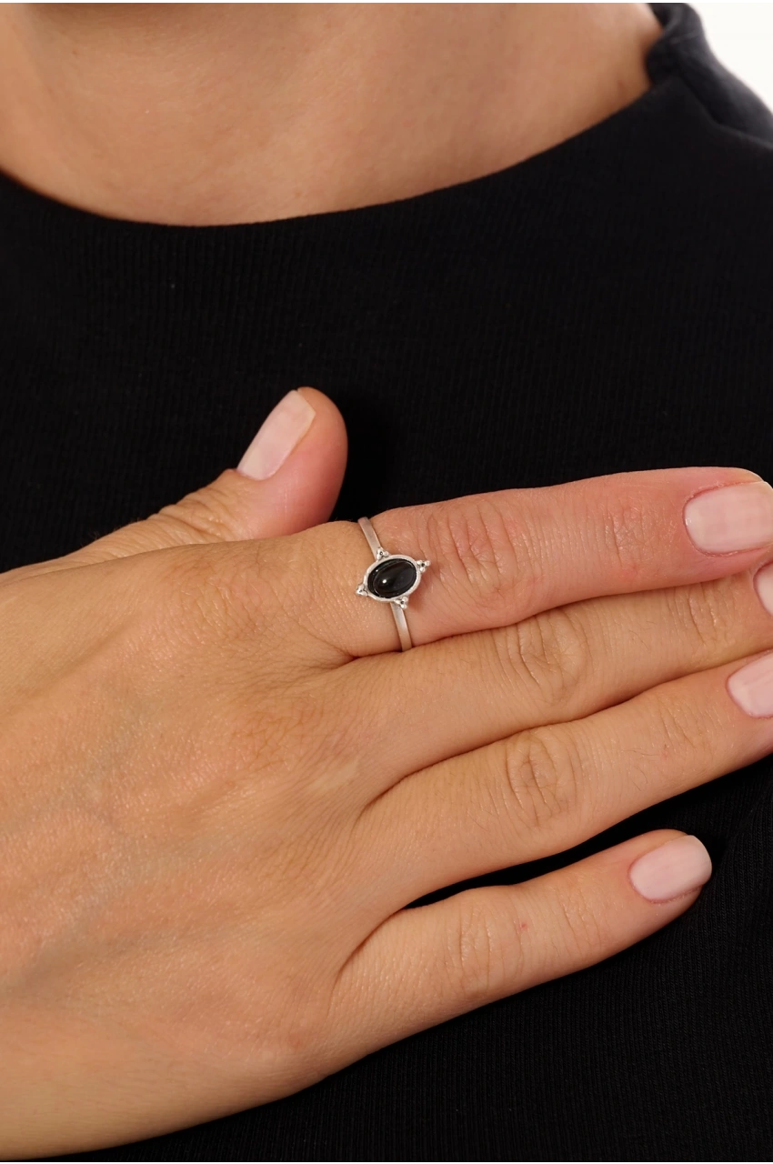 Kiraz Black Silver Stoned Plated Ring