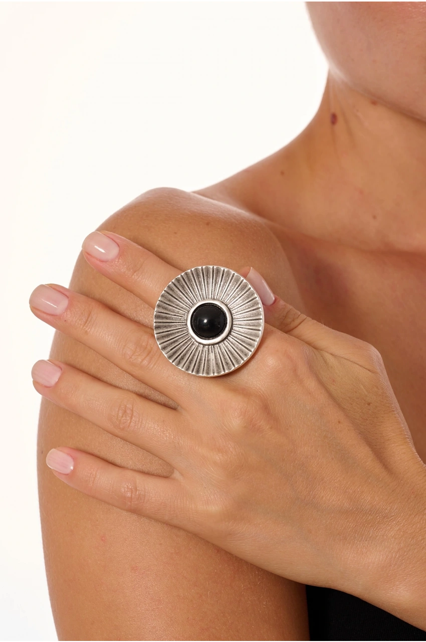 Kiraz Black Stoned Silver Plated Ring