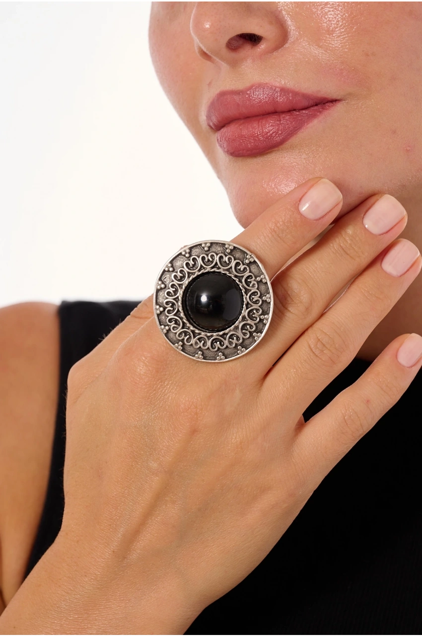 Kiraz Black Stoned Silver Plated Ring