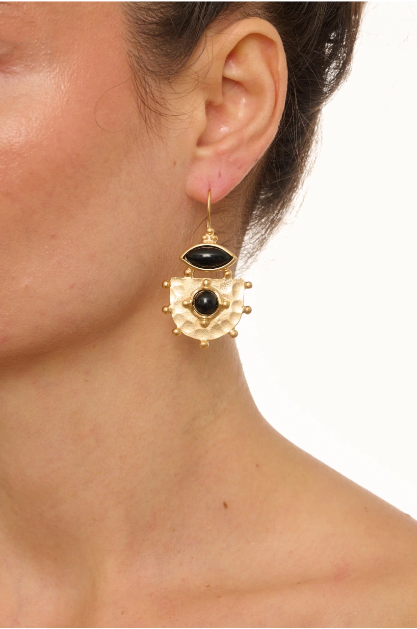 Kiraz Black Stoned Gold Plated Earring