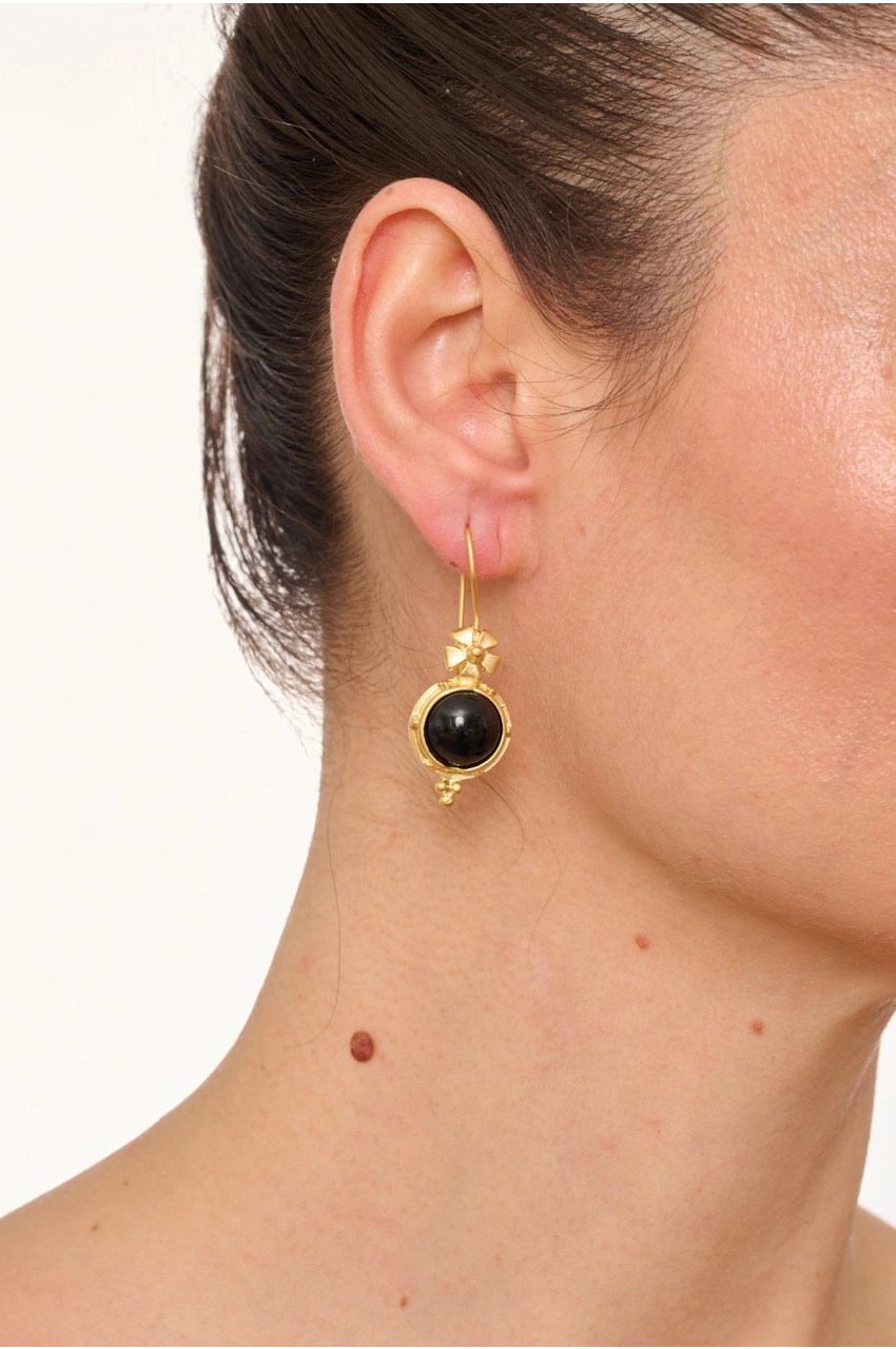 Kiraz Black Stoned Gold Plated Earring
