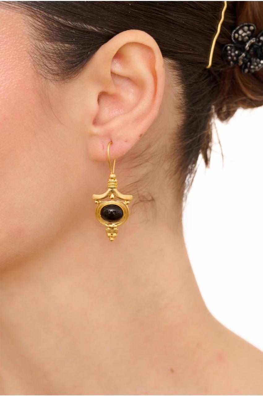 Kiraz Black Stoned Gold Plated Earring