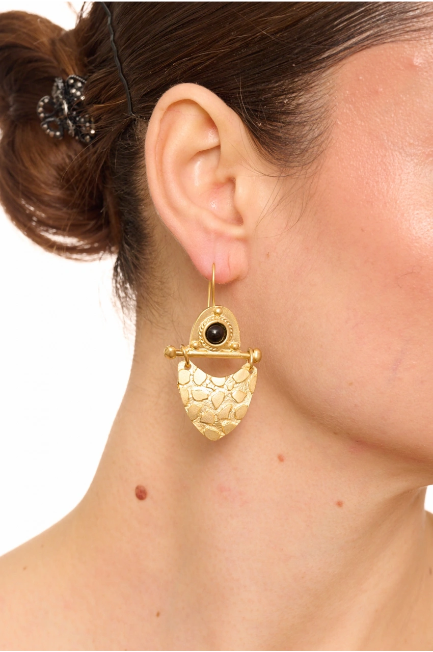 Kiraz Black Stoned Gold Plated Earring
