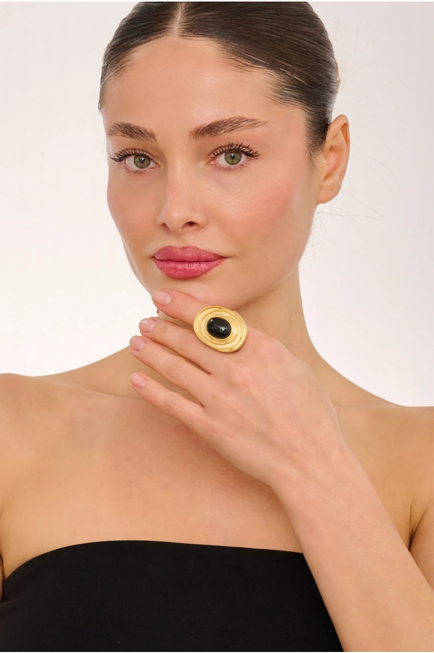Kiraz Black Stoned Gold Plated Ring