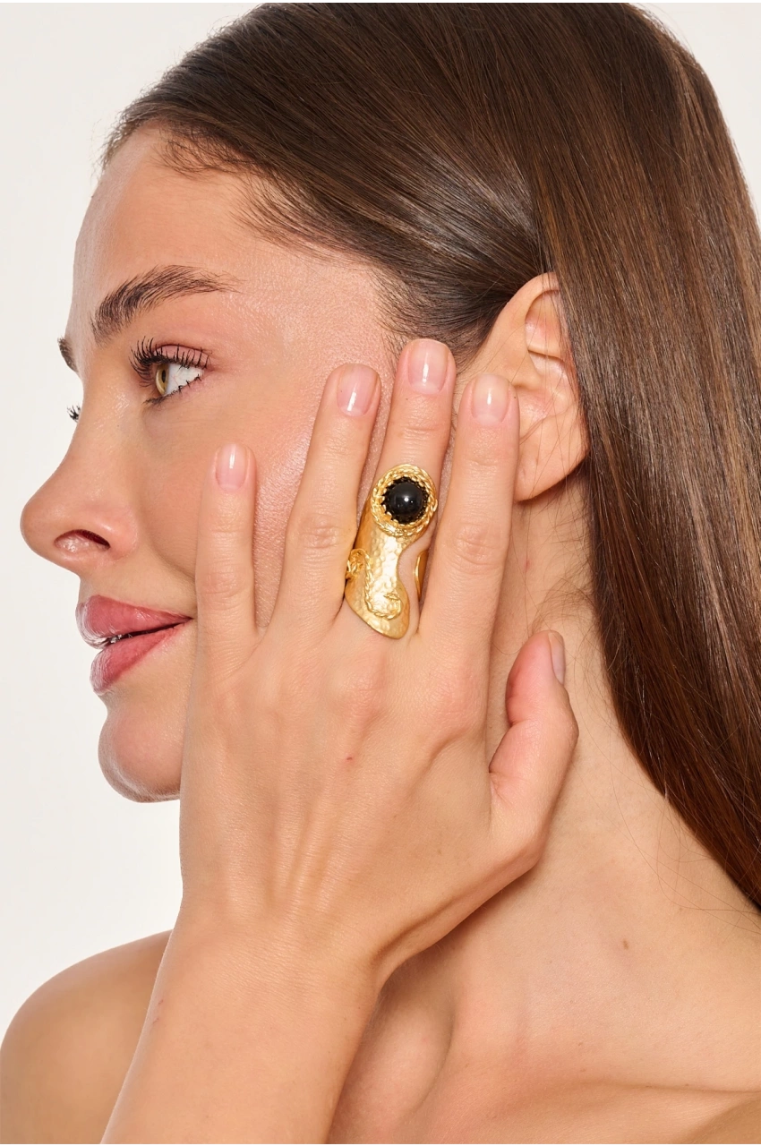 Kiraz Black Stoned Gold Plated Ring