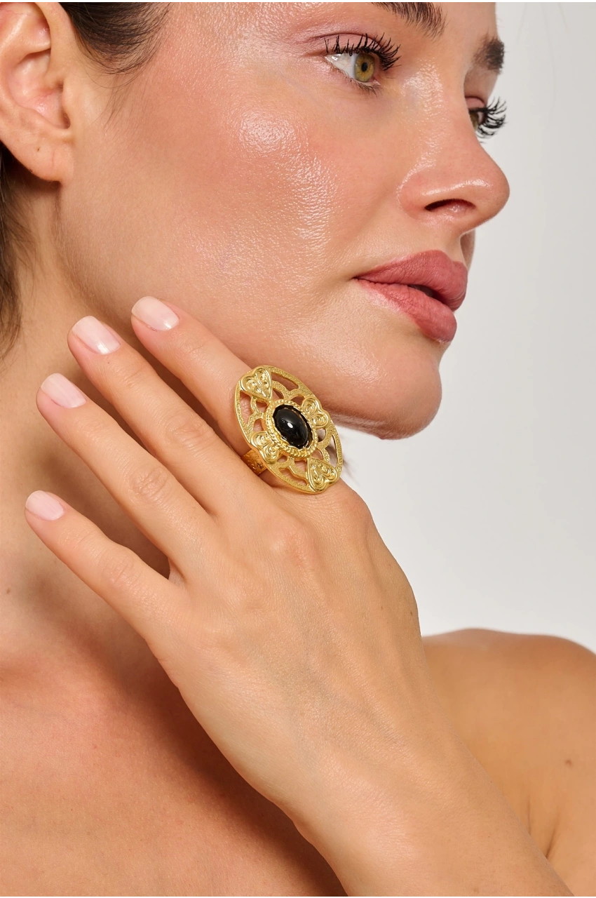 Kiraz Black Stoned Gold Plated Ring