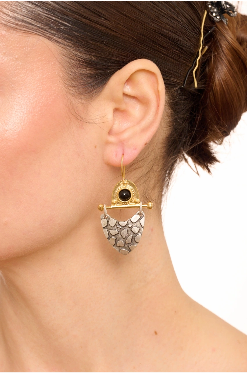 Kiraz Black Stoned Silver And Gold Plated Earring