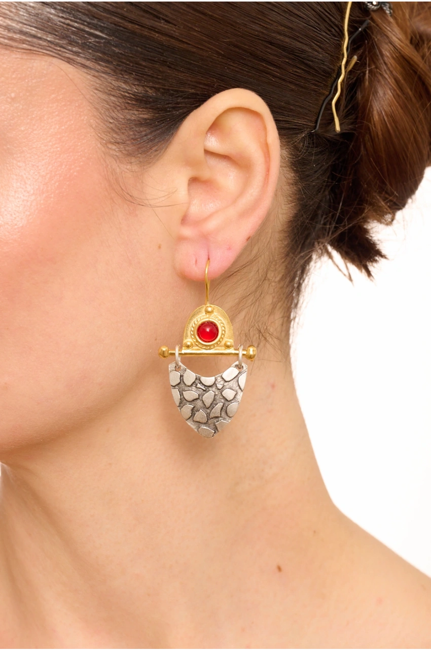 Kiraz Burgundy Stoned Silver And Gold Plated Earring