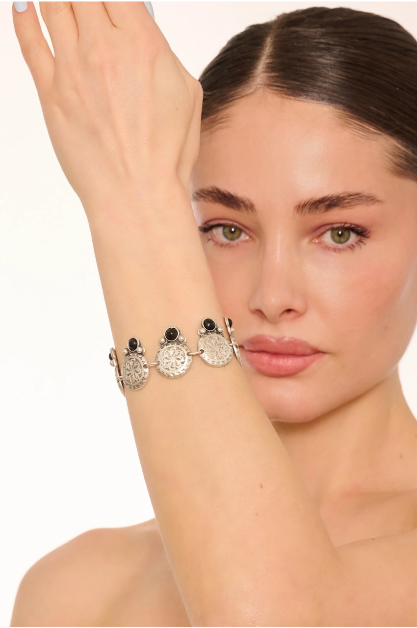 Kiraz Black Stoned Silver Plated Bracelet