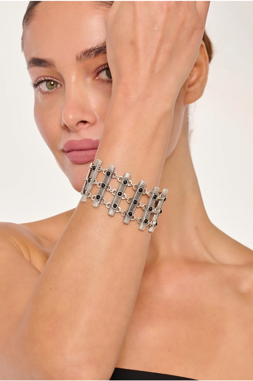 Kiraz Black Stoned Silver Plated Bracelet