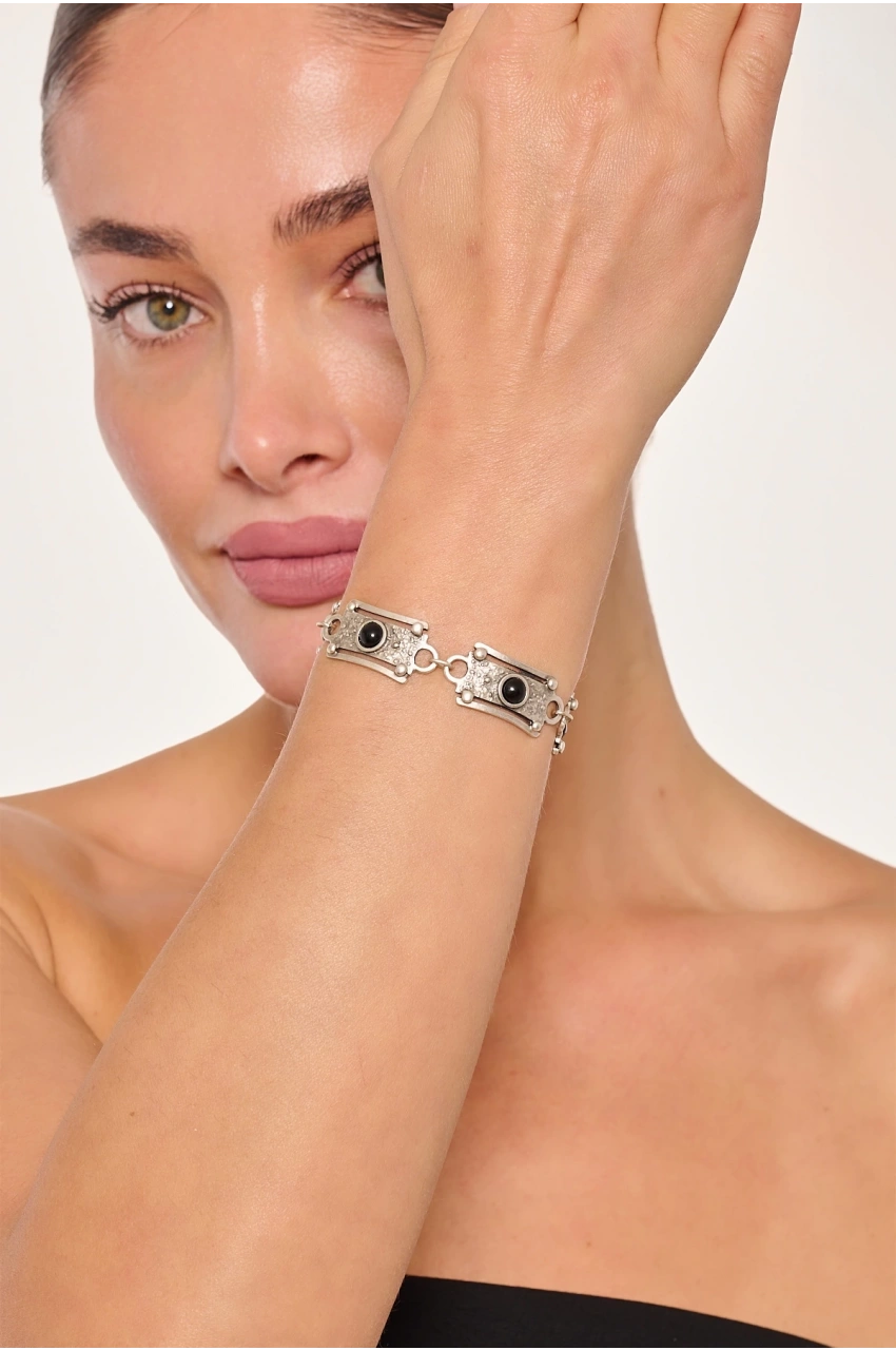 Kiraz Black Stoned Silver Plated Bracelet