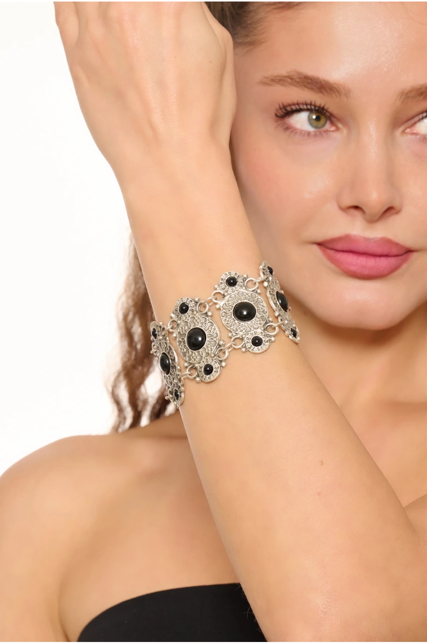 Kiraz Black Stoned Silver Plated Bracelet