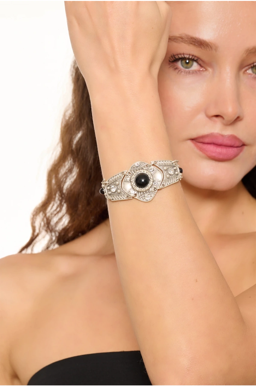 Kiraz Black Stoned Silver Plated Bracelet