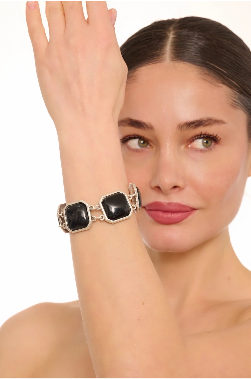 Kiraz Black Stoned Silver Plated Bracelet