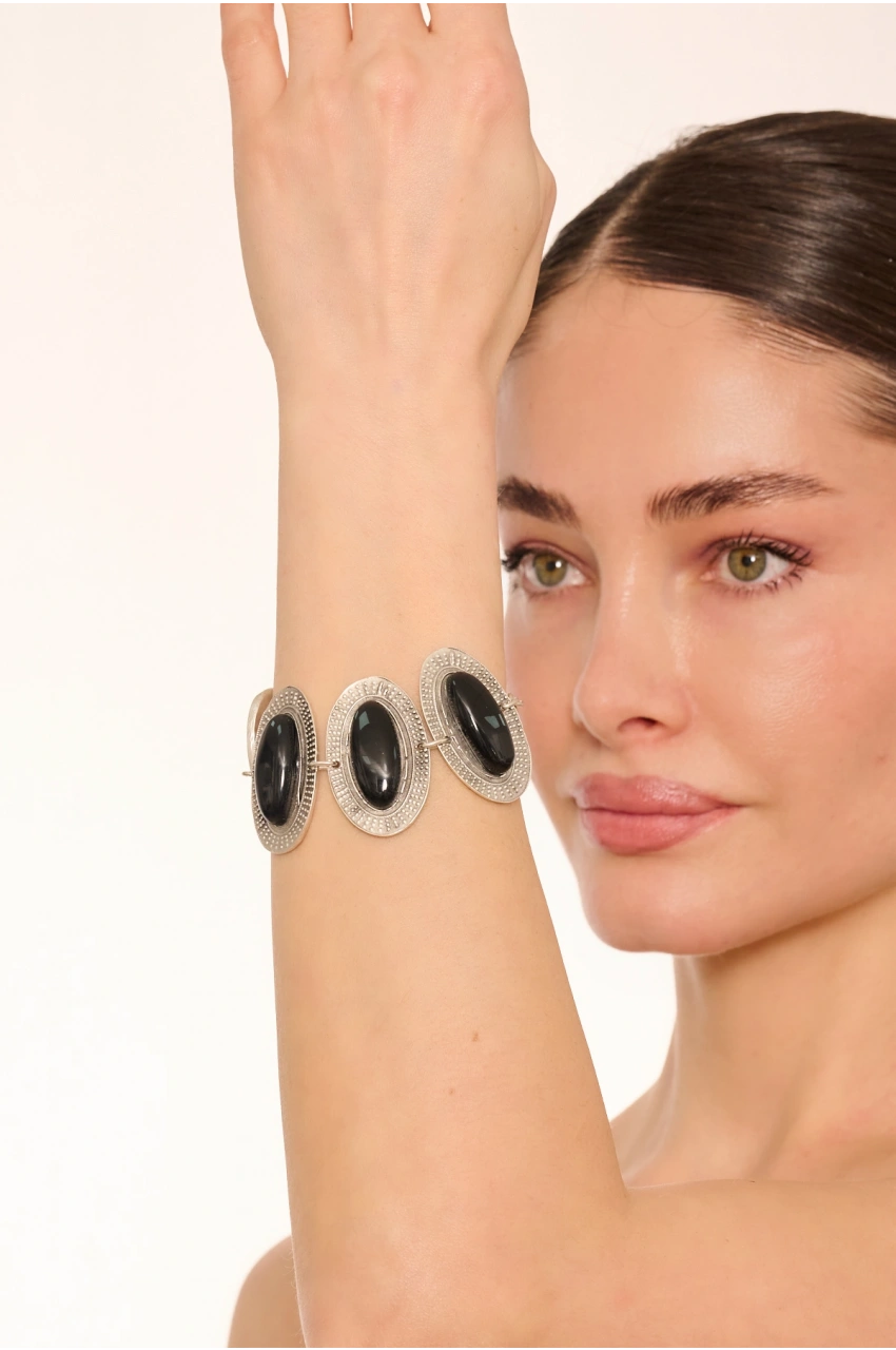 Kiraz Black Stoned Silver Plated Bracelet